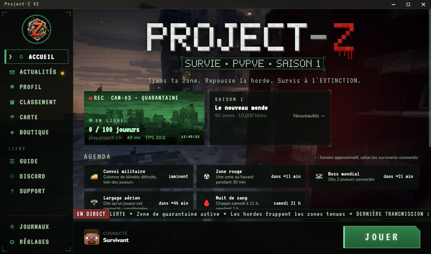 L'accueil du launcher : statut du serveur, actualités, agenda des événements